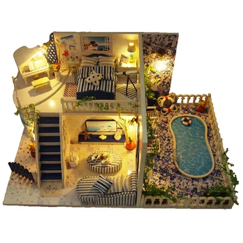 

Santorini DIY Diy Doll House miniatura 3D Wooden Dollhouse miniature Furniture For Children Toys dolls houses with Dust cover
