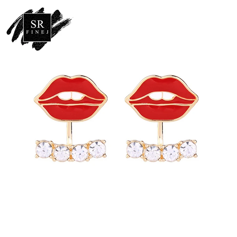 

SR:FINEJ Brand Alloy Enamel Red Lip Crystal CZ Zirconia Stud Earrings All-Match Women Accessories Stud Earrings Boucle D'oreille
