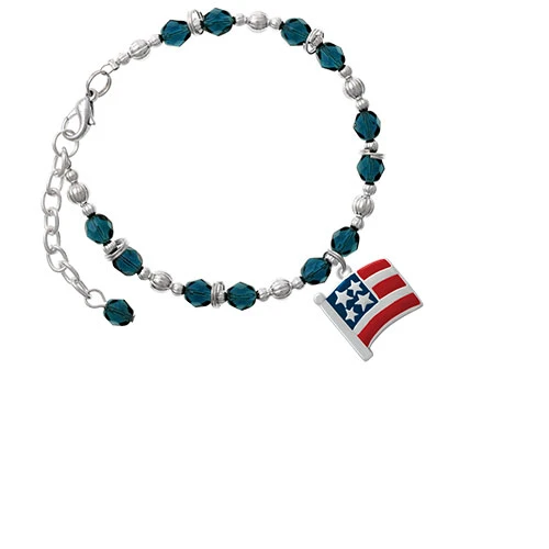Silvertone Large USA Patriotic Flag Navy Blue Beaded Bracelet