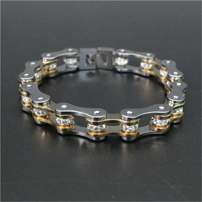 

1pc Newest Design Golden Crystal Noble Bicycle Chain Bracelet 316L Stainless Steel Hot Selling Fashion Biker Style Bracelet