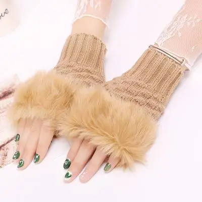 Женские перчатки с искусственным кроличьим мехом/ворсинами, вязаные перчатки без пальцев, теплые зимние вязаные перчатки, новые перчатки с отделкой запястья - Цвет: light tan