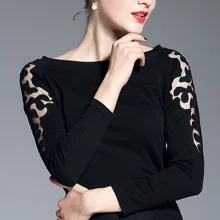 Весна Женская мода кружево лоскутное О образным вырезом с длинным рукавом черный Элегантная футболка Топы корректирующие женские изящные