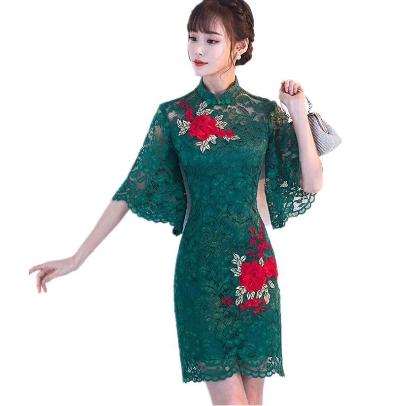 

Green Mini Qipao Lace Embroidery Chinese Tradition Wedding Cheongsam Modern Robe Chinoise Qi Pao Vintage Oriental Dresses S-XXL