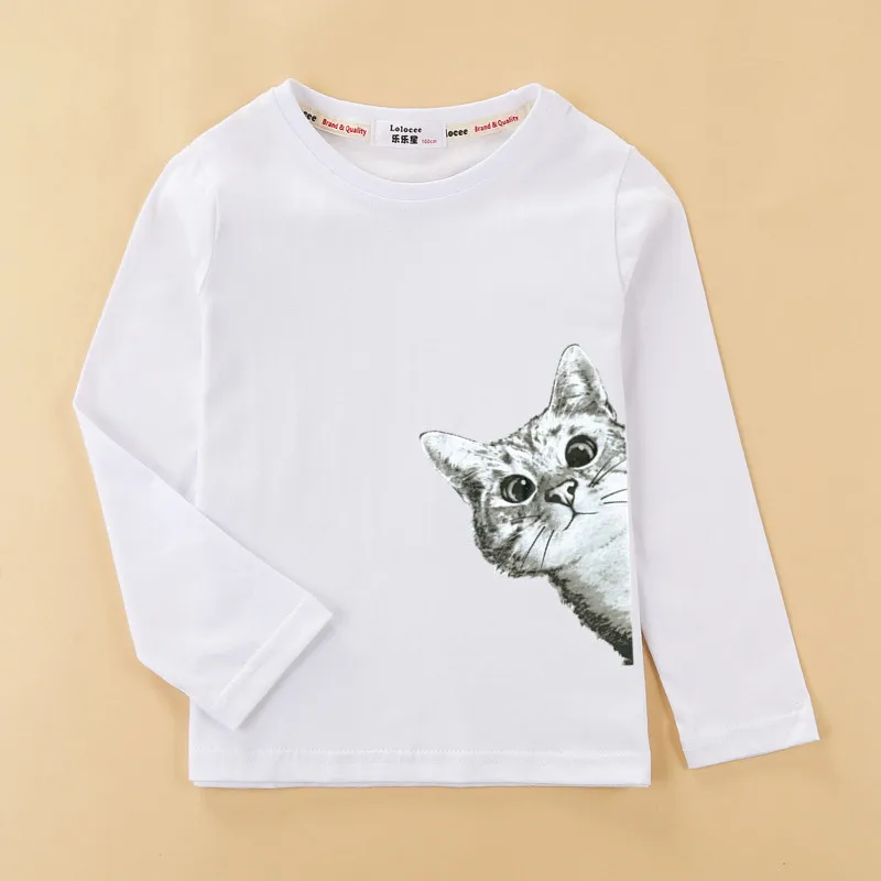 Детская футболка с объемным рисунком кота, новая хлопковая одежда с длинными рукавами для девочек, модные осенне-зимние футболки для мальчиков 6-14 лет - Цвет: White