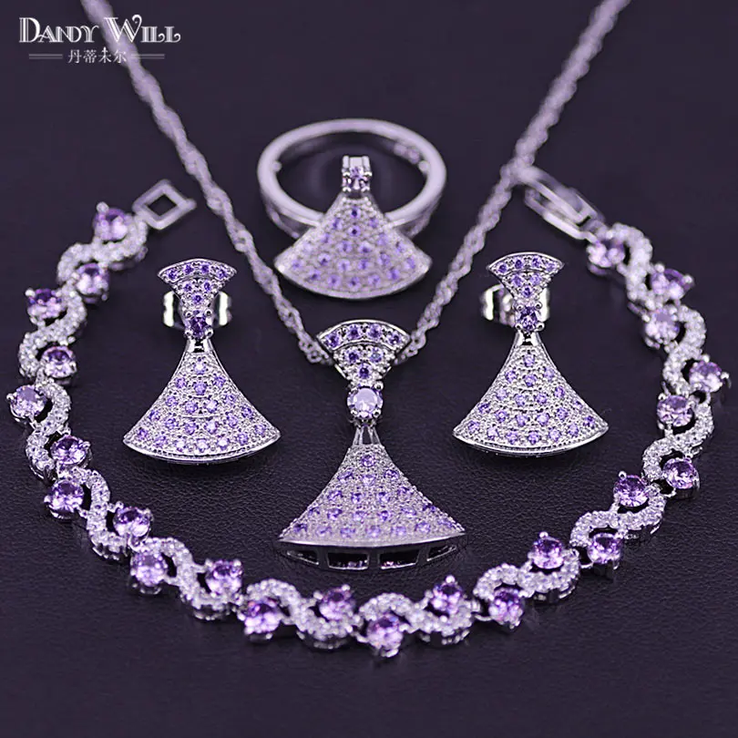 Фиолетовые кубические циркониевые Свадебные серебряные 925 Ювелирные наборы для костюма женские кулон и ожерелье кольцо серьги браслеты ювелирные изделия Подарочная коробка