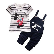 Комплект летней одежды для малышей, костюм Микки и Минни Маус для маленьких девочек хлопковая футболка с короткими рукавами Джемпер, комбинезон От 1 до 3 лет из двух предметов