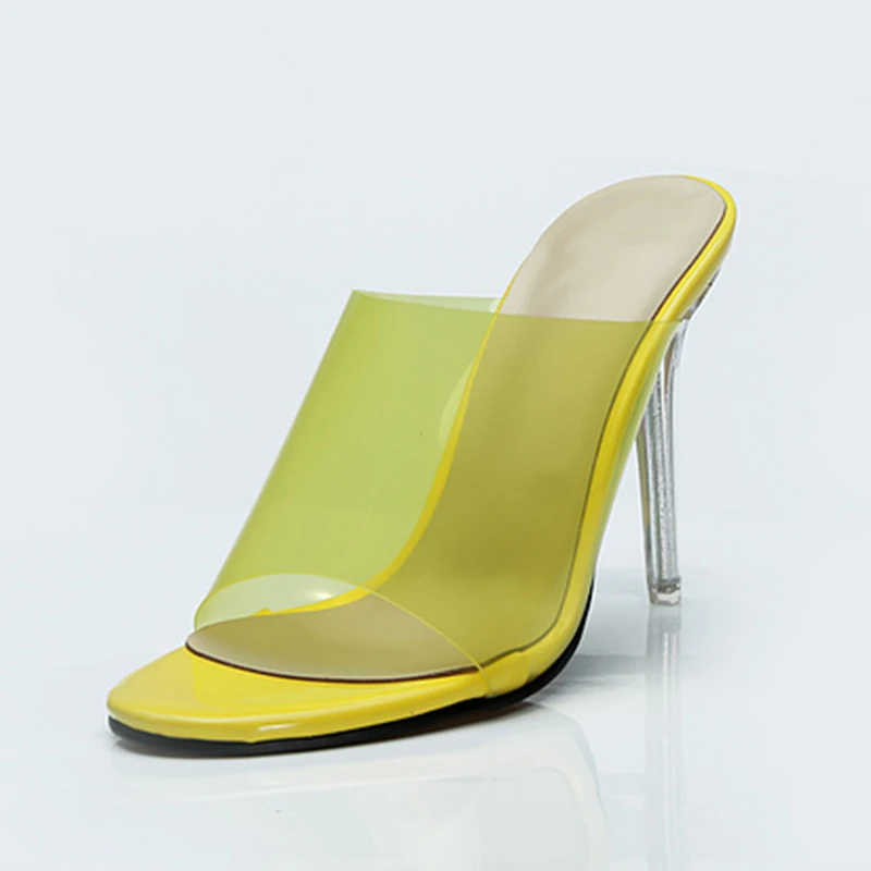 

Akamatsu Open Toe Yellow PVC Fashion Women Mules Slip On Summer Outdoor Leather Sole Clear Shoes Crystal High Heels Slippers