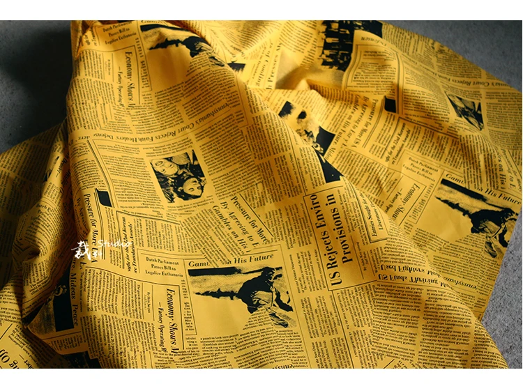 Желтая ткань с принтом газет, перспективная дизайнерская ткань, кружевная ткань для свадебного платья, тюль, материал ткани для лоскутов
