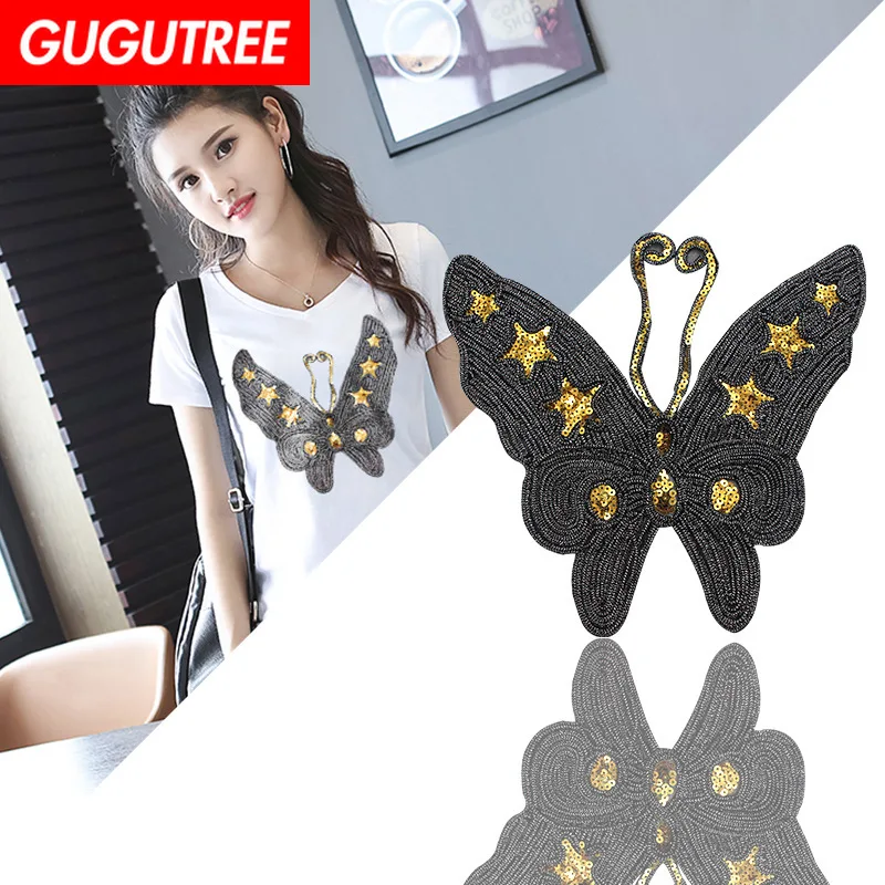 

GUGUTREE embroidery Sequins big buttlefly patches animal patches badges applique patches for clothing XC-320