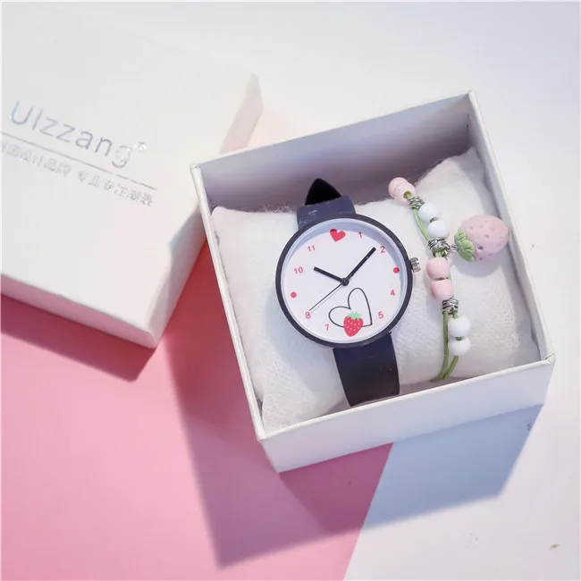 Креативные часы для девочек с милым клубничным циферблатом, дизайнерские Мультяшные часы для детей, наручные часы с силиконовым ремешком - Цвет: Черный