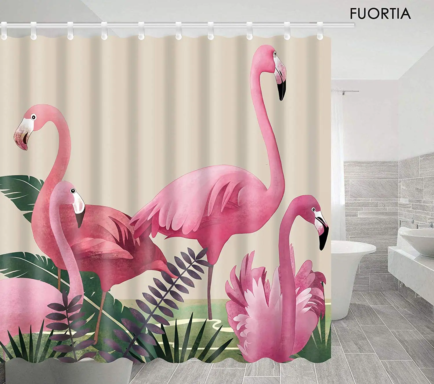 Polyester Waterproof and mildewprooft with Shower Room Watercolor Animal Pink Flamingo