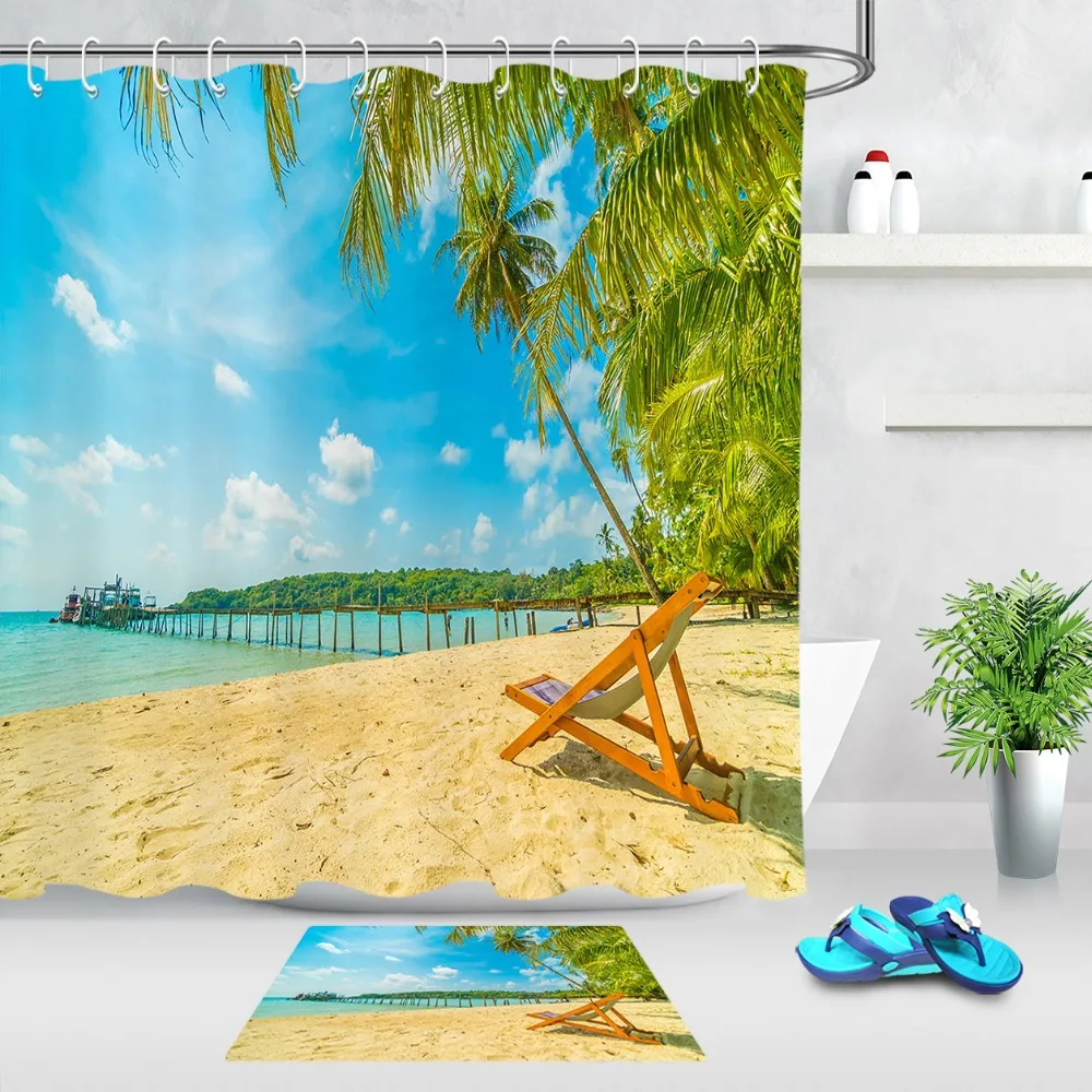 

Sea Sunlight Beach Lounge Chair Coconut Tree Shower Curtain Bathroom Curtain Waterproof Polyester Fabric for Bathtub Home Decor