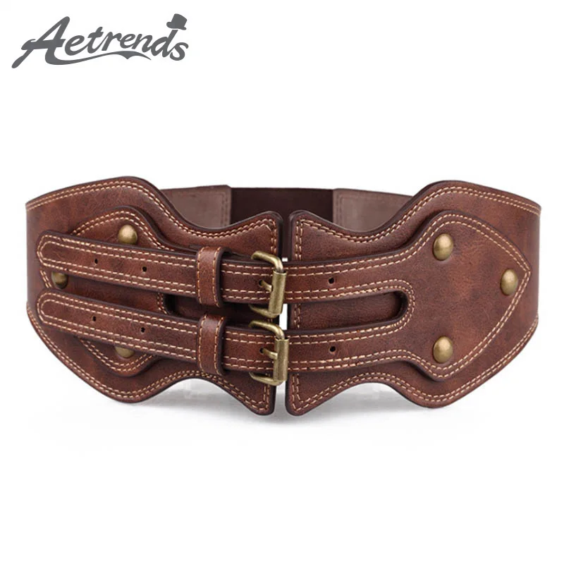 

[AETRENDS] Women Wide Cinch Belt Double Pin Buckle Vintage Cummerbunds for Dress Coat Strap All-Match Lady Waist Belts D-0093