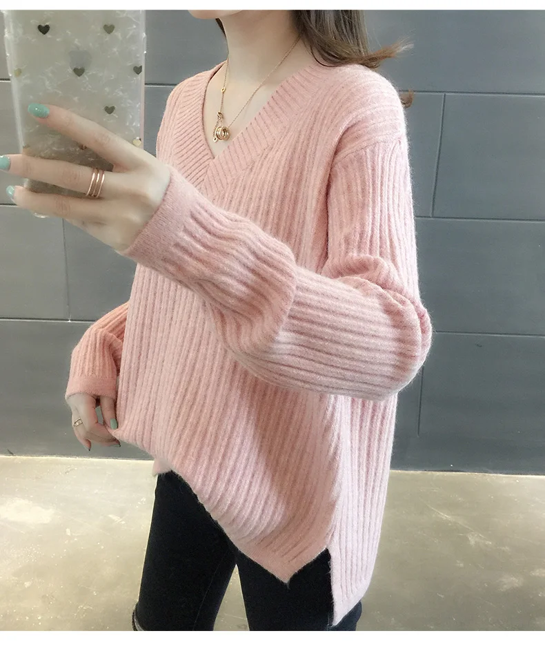 2019 женский новый осенний и зимний вязаный свободный свитер пуловер v-образный вырез длинный рукав трикотаж свитер одежда милая