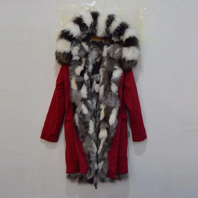 Красная длинная куртка Mrs черный и белый лисий мех внутри с енота меховым воротником пальто mr меха куртка