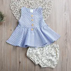 Летняя одежда для маленьких девочек; детская хлопковая одежда; платье; топы; штаны с цветочным принтом; 2 предмета