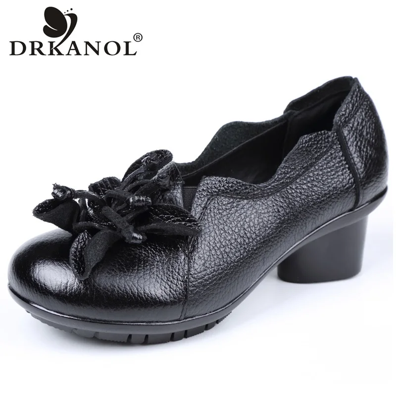 

DRKANOL Genuine Leather Med Thick Heel Shoes Women Slip On Casual Shoes Comfortable Cow Leather Women Shoes Big Size 35-42