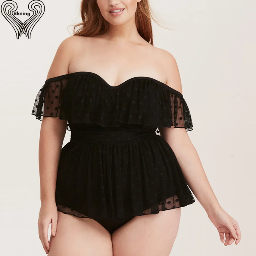 

Bkning Plus Size Swimsuit One Piece Swimwear Mesh Swimming Suits Off The Shoulder Large Size Monokini Push Up May Swim Suits