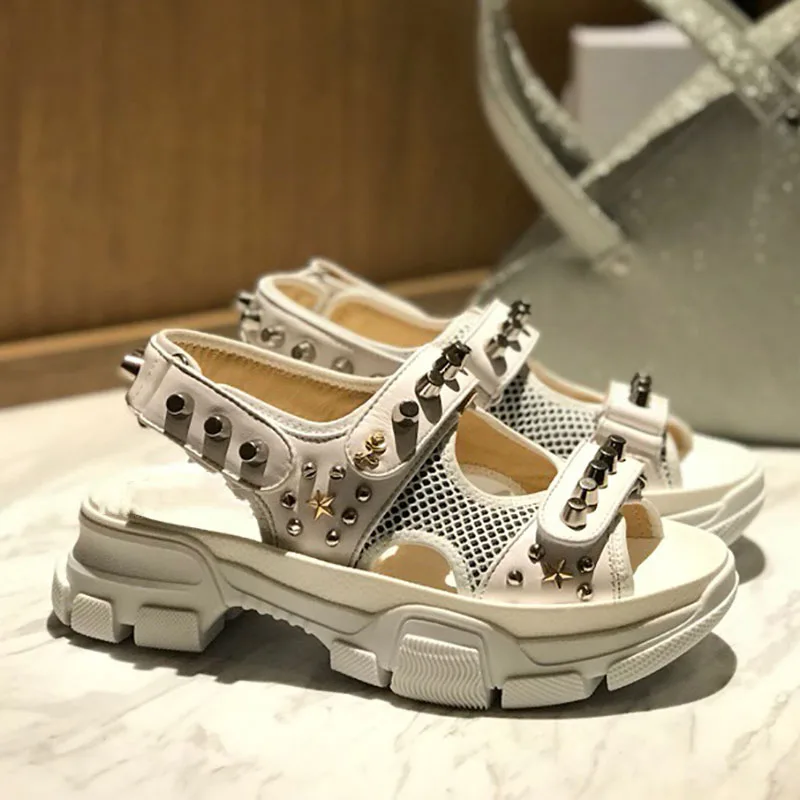 

Thich Heels Rivet Stud Hook & Loop Sandals Open Toe Mesh Patchwork Platform Shoes Black White Sneaker Sandals