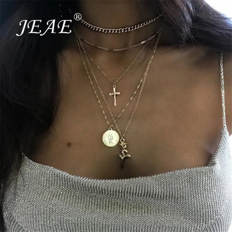 

Boho Gold Rose Flower Cross Jesus Coin Layered Choker Necklace for Women Vintage Pendants Rosary Necklaces Chain Collar Jewelry