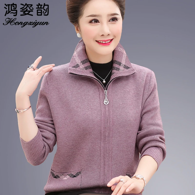 

2019 mother temperament coat female spring and autumn sweater cardigan noble middle-aged and elderly short wool knitted jacket