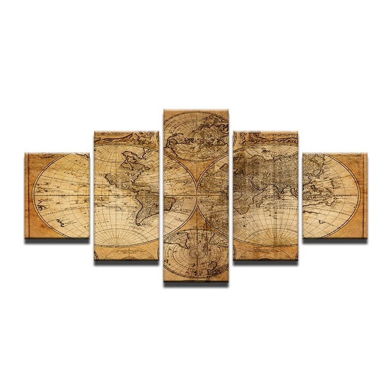 

5 Piece Canvas Art Print Vintage Home Decor World Map Painting Calligraphy Brawn Old Map of The World Retro Pictures Frame
