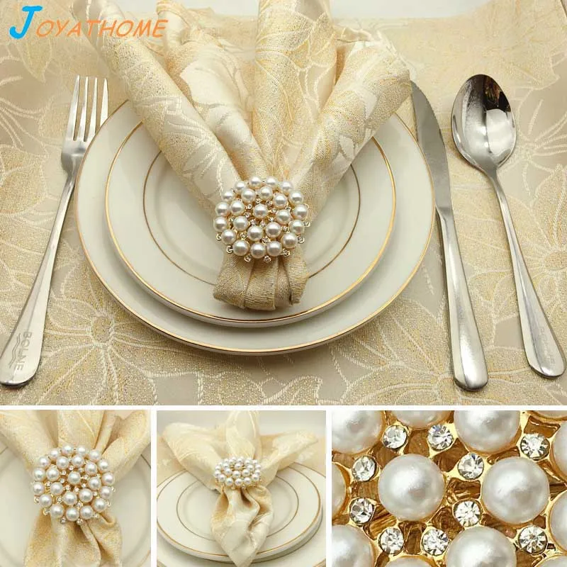

Joyathome 12pcs/Set Luxurious Gold Plated Diamond Pearl Napkin Ring Napkin Buckle Desktop Decoration for Dinner Table