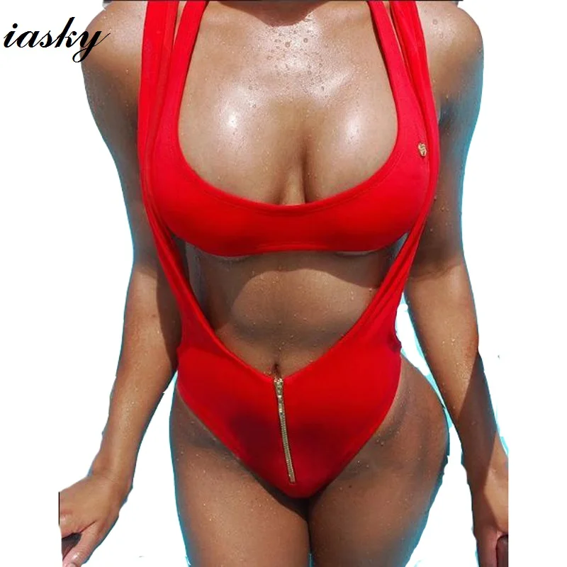 

IASKY 2018 New One Piece swimsuit swimwaer Womens Sexy High Cut Bodysuits Brazilian Monokini Beach Thongs Red Swimsuits