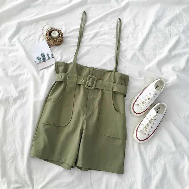 

Safari Style Playsuit Women Green Casual High Waist Straps Wide Leg Shorts With Belt Fashion Overall Cotton Trouser Jumpsuit