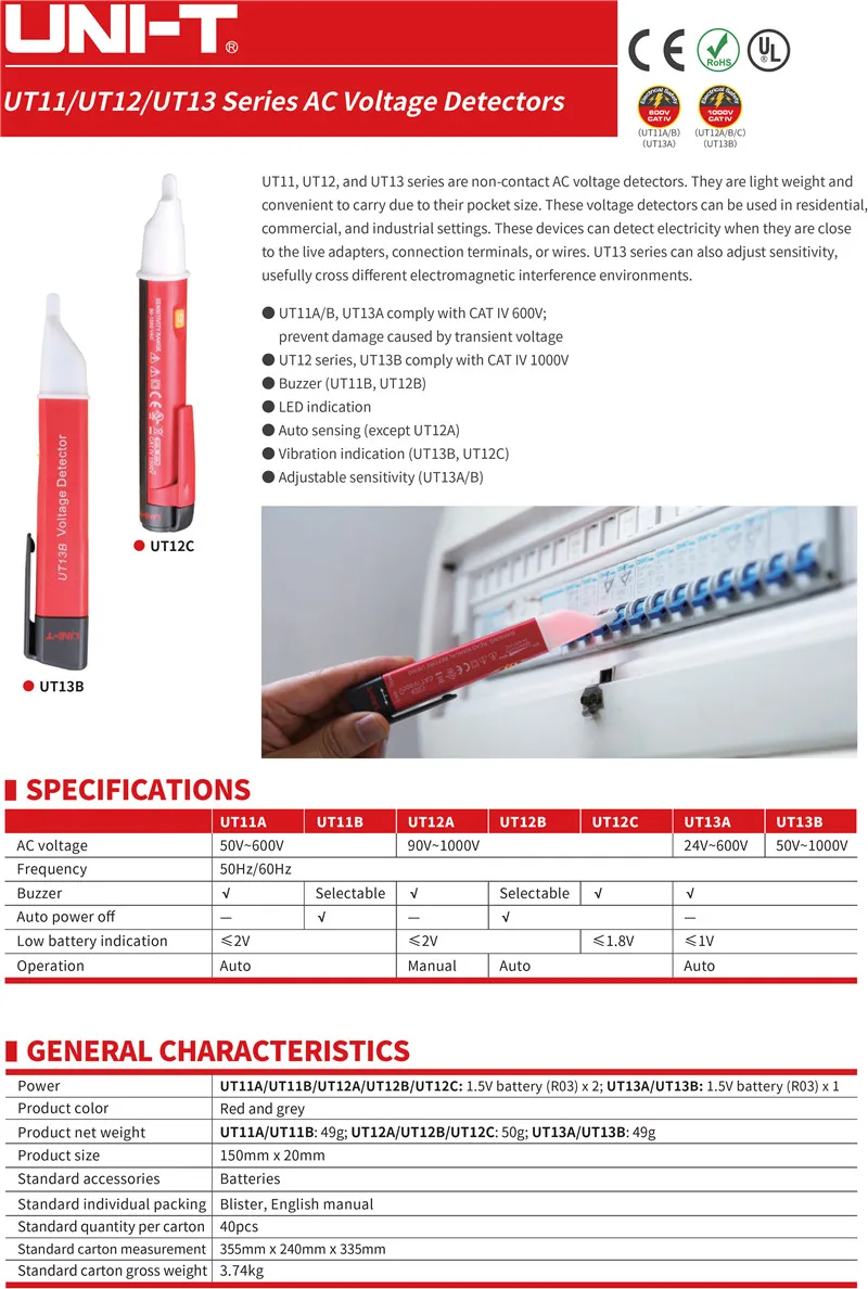 UNI-T UT12D/S/UT13A/B AC Voltage Detector; IP67 protection level non-contact electrician / household test pen UT12E/UT12M