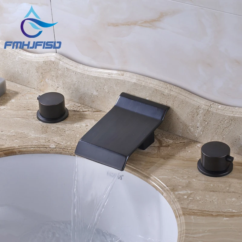 

4 Types Waterfall Widespread Spout with Two Handles Three Holes Oil Rubbed Bronze Basin Faucet