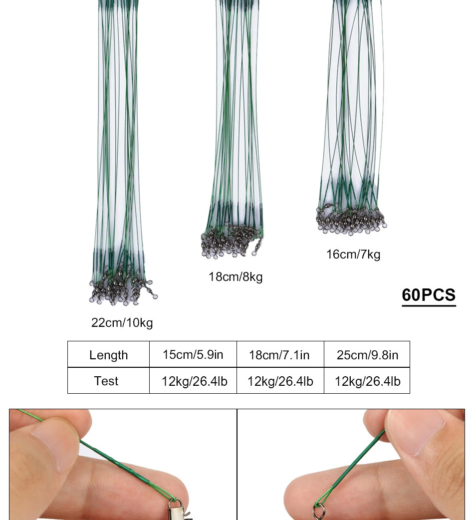 Штоф 60/100 шт. леска следов серебро Нержавеющая сталь ведущий провод поворотный+ карабин рыболовный поводок 16/18/22/24/28 см