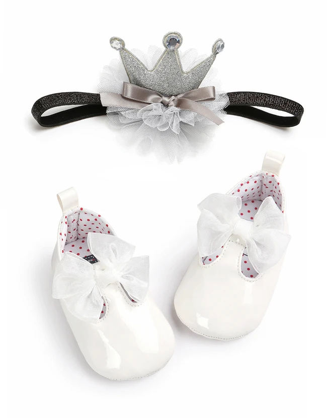 Детская обувь в цветочек Корона повязка на голову комплект новорожденных девочек принцесса кроватки ботиночки для крещения на мягкой подошве для младенцев крестины младенца pu обувь