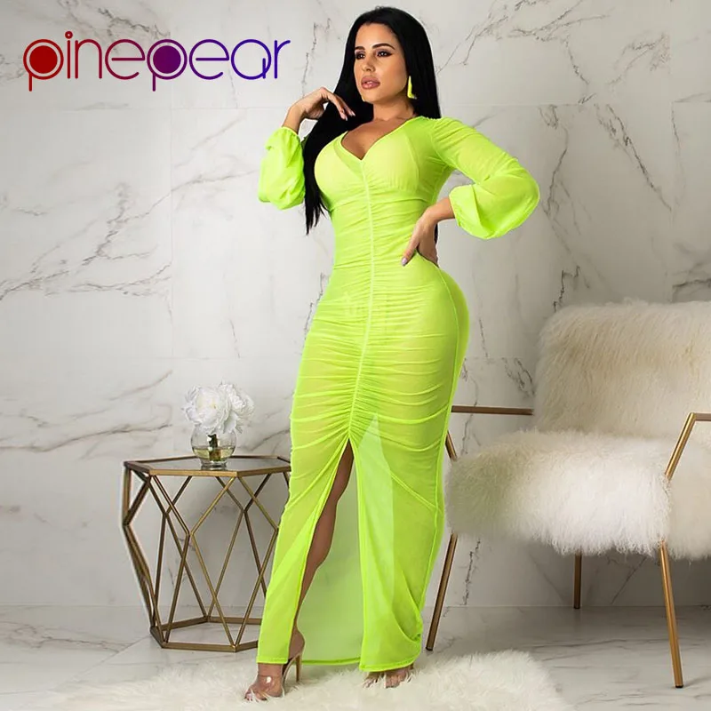 

PinePear Fluorescent Green Mesh See Through Slit Maxi Beach Dress Bikini Cover Up 2019 Women Bathing Suit Swim Wear Dropshipping