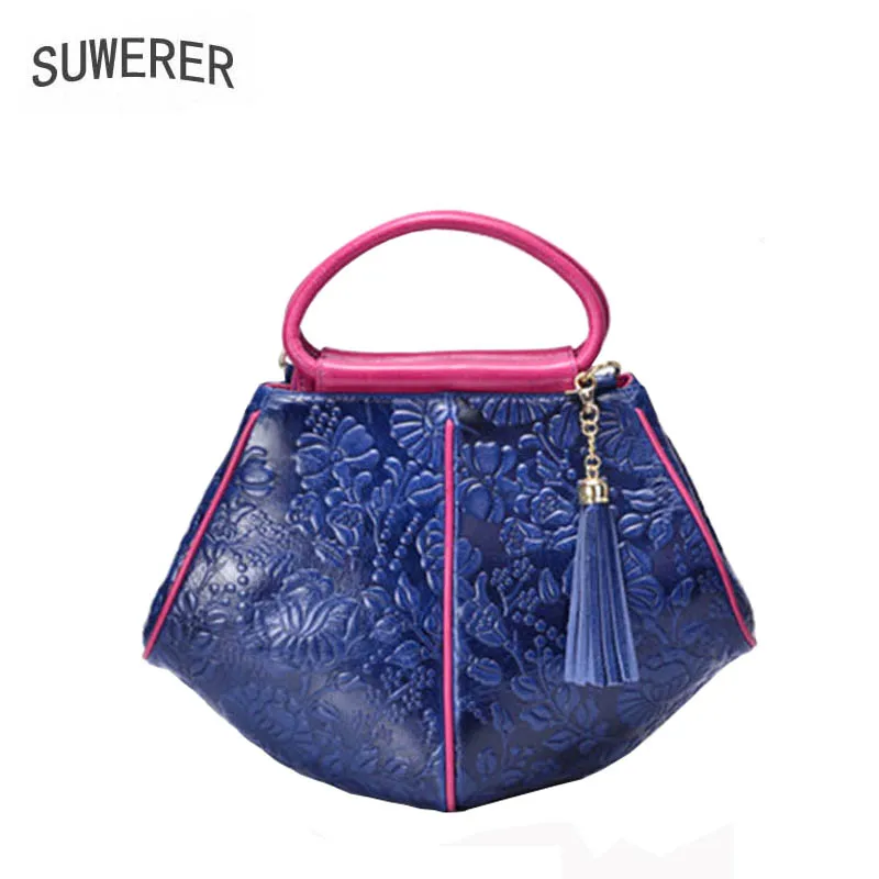 

SUWERER 2020 New Women Genuine Leather bags Handmade embossing tassel luxury leather shoulder bag designer women famous brands