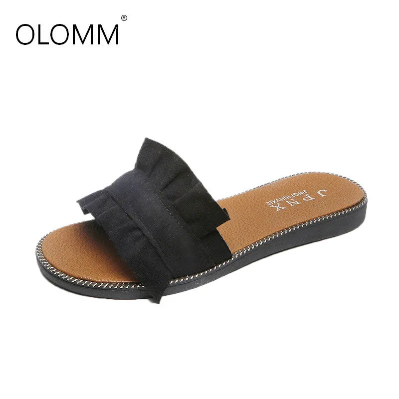 

Women Slippers Candy Color Slides Woman Shoes Flats Flock Slippers Lace Slide Wrinkle Ladies Shoes Zapatos Mujer Fur Sandals
