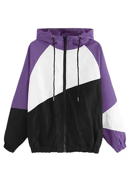

2019 Europe The United States Spring New Women's Three-color Stitching Solid Color Hooded Long-sleeved Sunscreen Female Jacket
