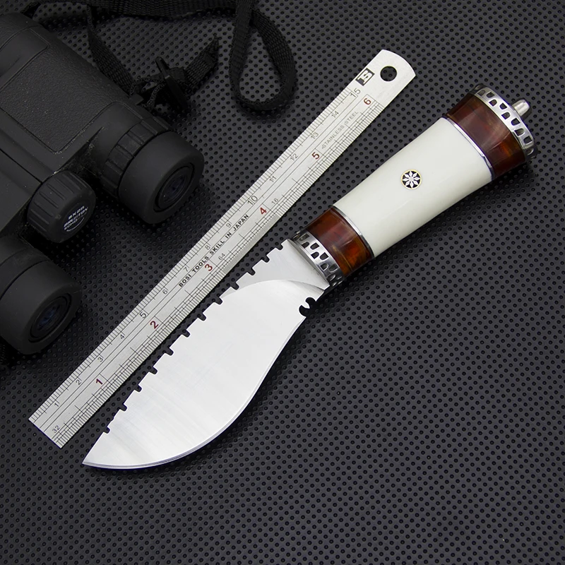 

Exquisite Hunting Knives 5CR15MOV Blade Steel+Resin+Imitate Ivory Handle Tactical Fixed Blade Knife Utility Outdoor Rescue Tools