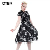 OTEN-Summer-Women-Dress-Elegant-Vintage-Short-Sleeve-V-Neck-Black-White-Flower-floral-print-lace