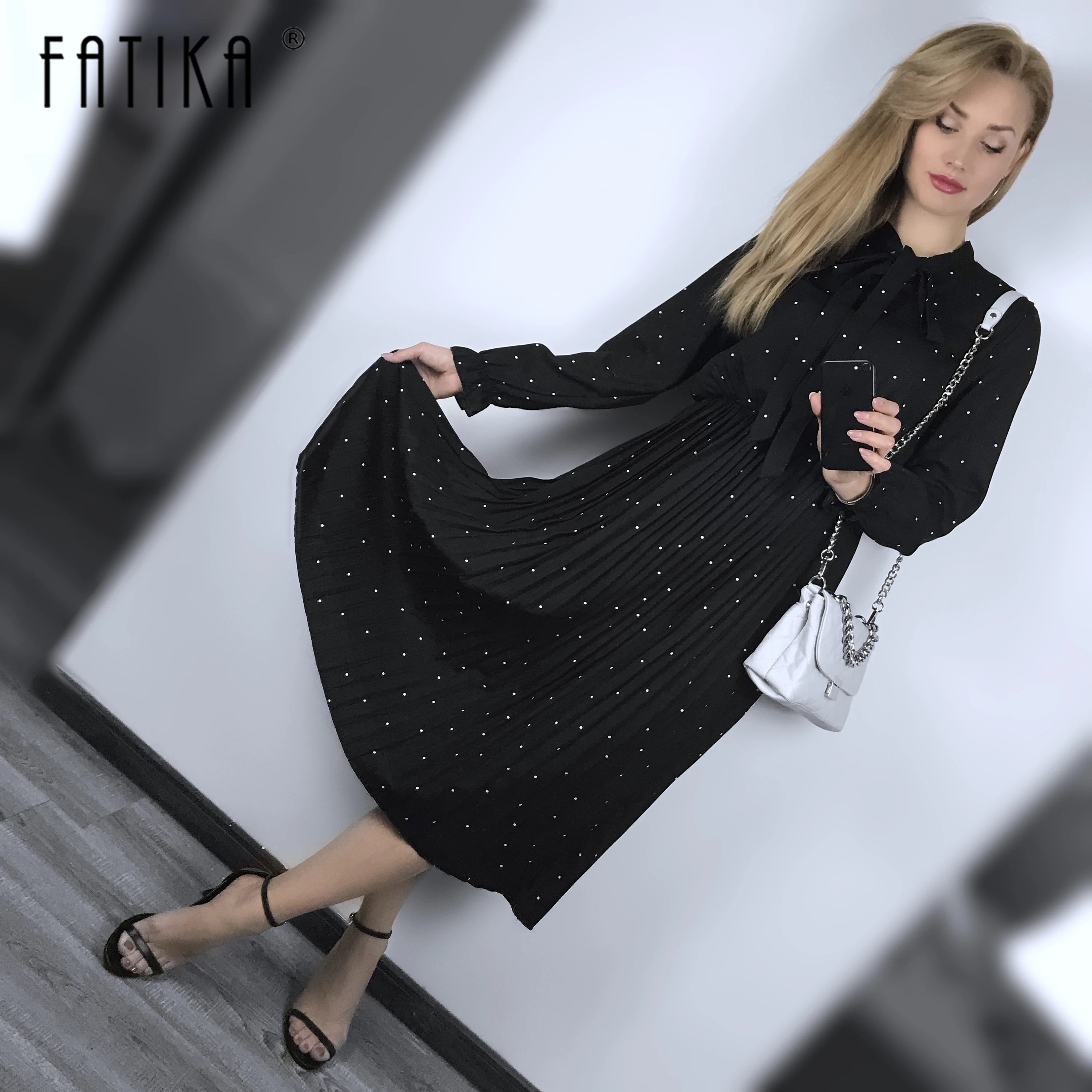 

Fatika Womens New Hot 2019 Spring Summer Hot Classic Dot Dresses Lace up Long Sleeve Chiffon Long Dress