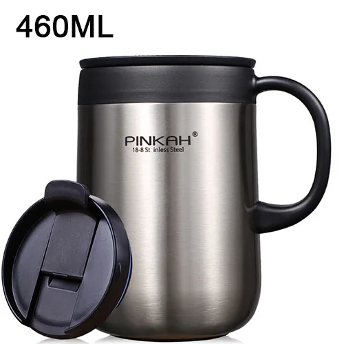 460ML Silver 350 мл/460 мл креативный термос с двойной крышкой кофейная кружка из нержавеющей стали Термокружка вакуумная колба с ручкой для путешествий Кофе термо - Цвет: 460ML Silver