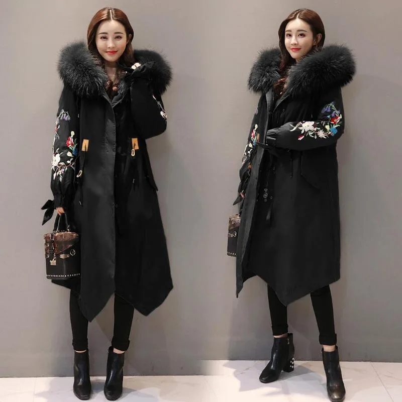 Winter Jacket Women 2018 Large Fur collar Hooded Down Jacket Thick Warm Loose Female Parkas embroidery Women Winter Coat LY1271