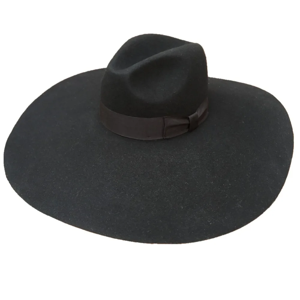 Black Wool Felt Soft Extra Wide Large Brim Floppy Fedora Hat For Women 6 1//4/"