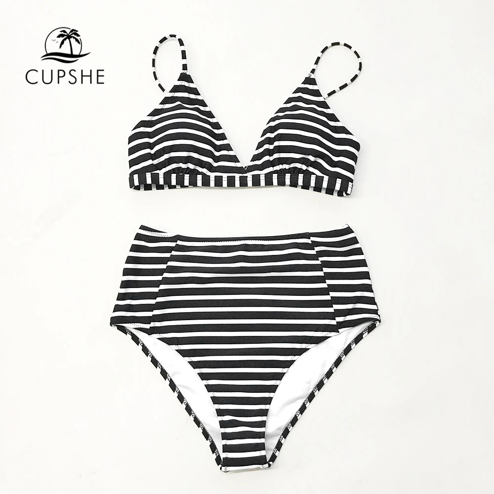 

CUPSHE Black And White Striped Bikini Sets Women High Waist Two Pieces Swimsuits 2019 Girl Slim Bathing Suits