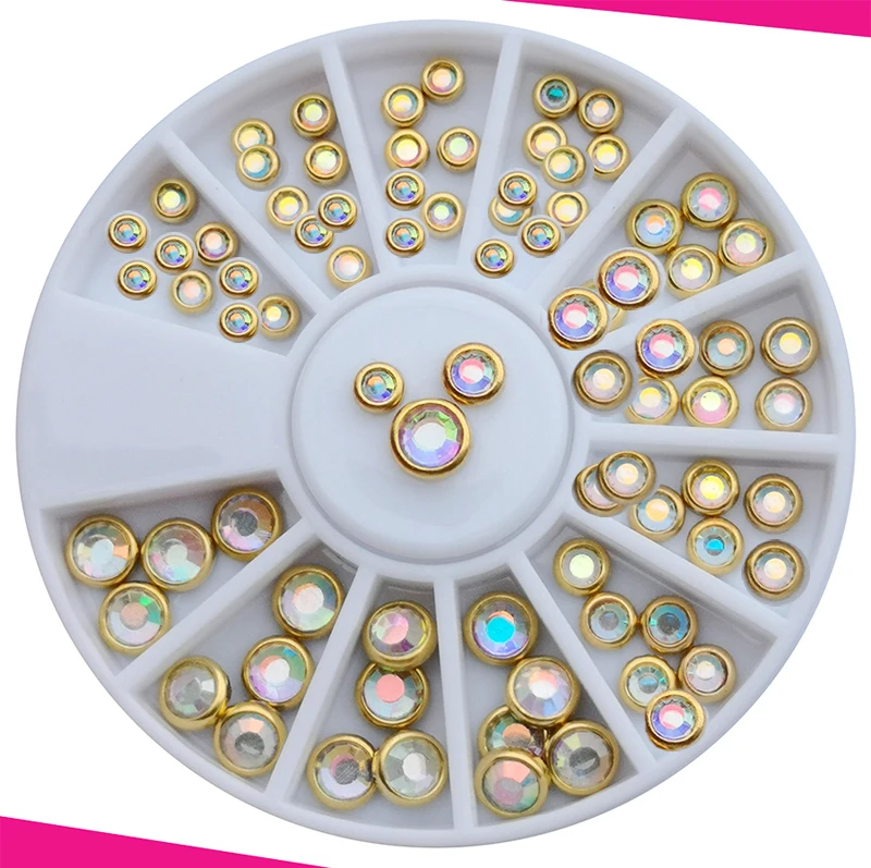 

3mm/4mm/5mm AB Color Rhinestones Multi-Size Metal Edge Manicure Charming 3D Nail Art Decoration in Wheel 1 Box
