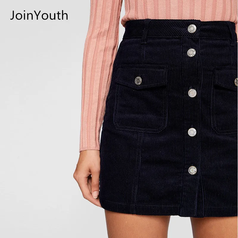 JoinYouth Женская осенне-зимняя черная Вельветовая юбка на пуговицах, Женская облегающая трапециевидная юбка-карандаш с высокой талией, Повседневная Мини Короткая Женская юбка