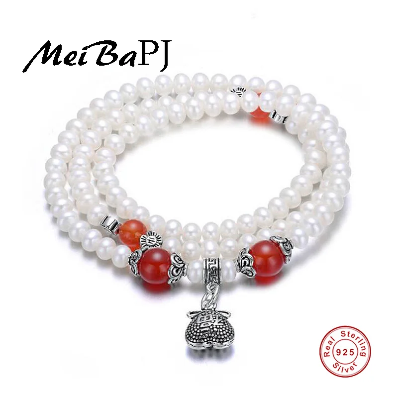

[MeiBaPJ] 48cm Thai Silver Bracelet Natural Pearl Red stone Bracelet for Women Chinese Characteristics Blessing Bangle
