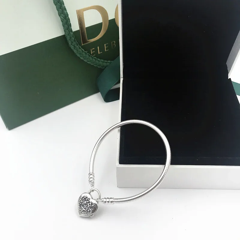 

NEW! Perfect Charm logo Engraved S925 Silver bangle Padlock Bracelet Regal Heart chain pandoras bracelets women diy jewelry,1pz