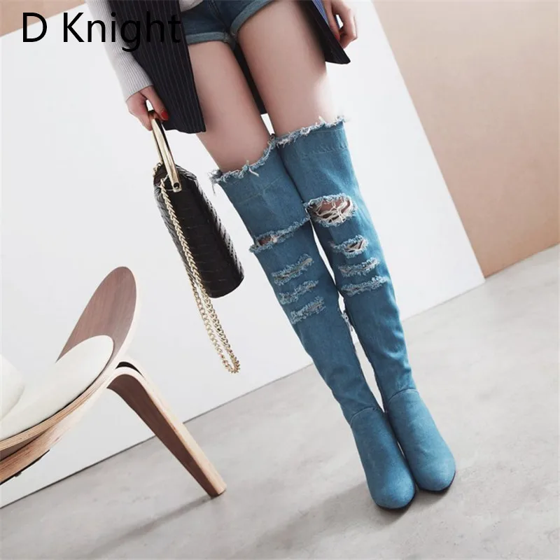 2018 Winter Boots Sexy Ponited Toe Women's Over The Knee Boots Fashion Denim Blue thigh High Boots Large Size 48 High Heels Boot (2)