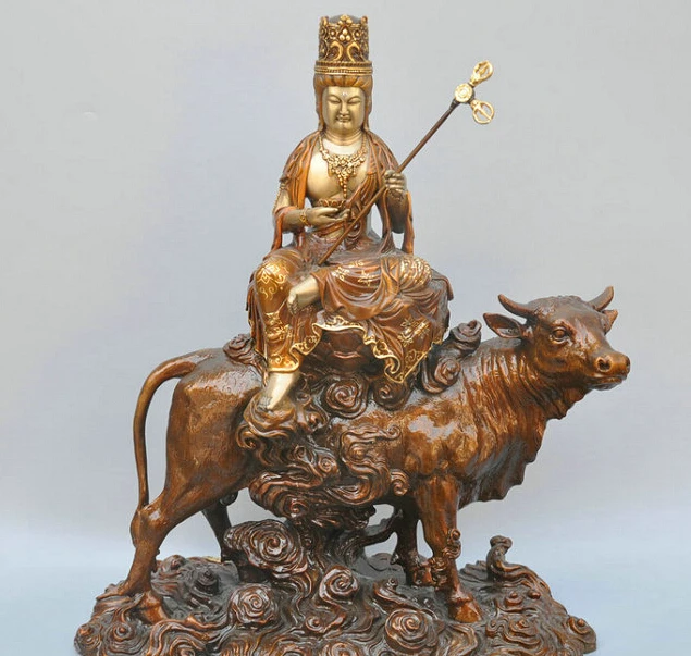 

China Guanyin Buddha Kwan-yin Samantabhadra Ride Bull Bronze Statue R0713